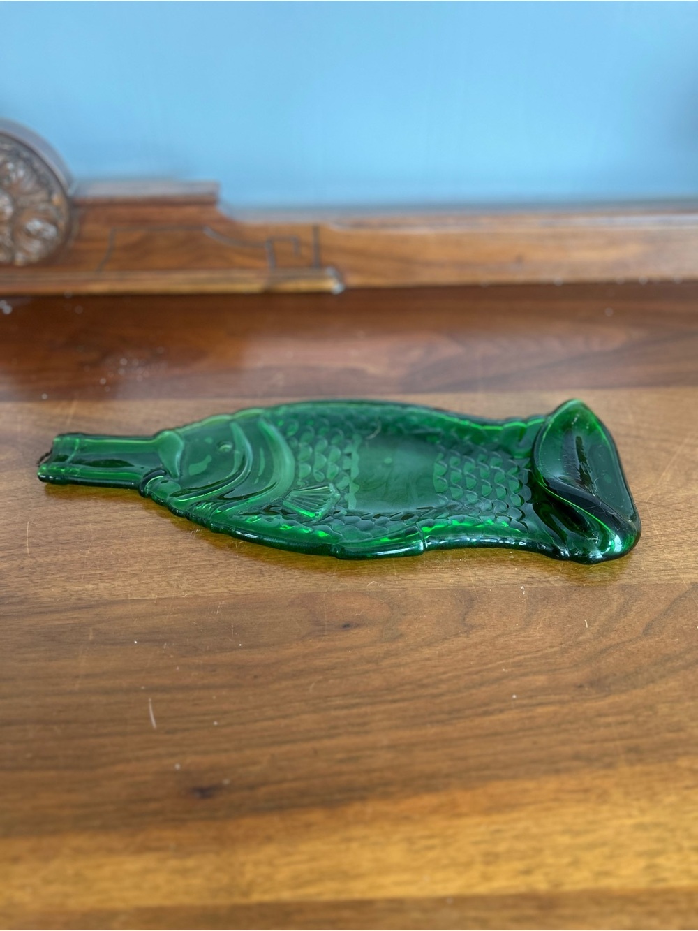 Vintage MCM Emerald Green Slumped Glass Fish Bottle Tray Spoon Rest